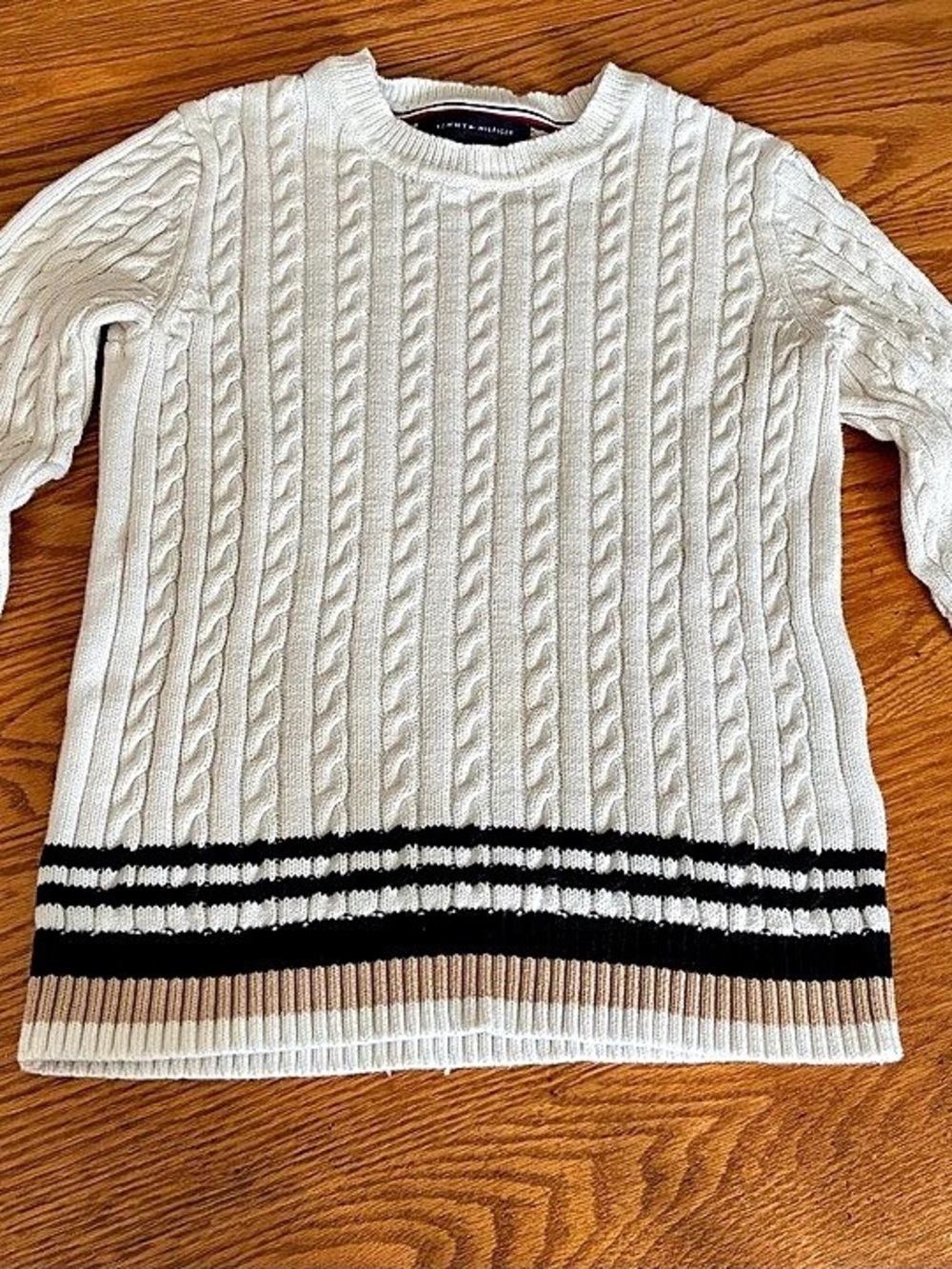 Tommy Hilfiger Cream Women's Cotton Cable Knit Black Striped Hem Sweater